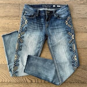 Miss Me Embroidered Frayed Hem Ankle Skinny Jeans